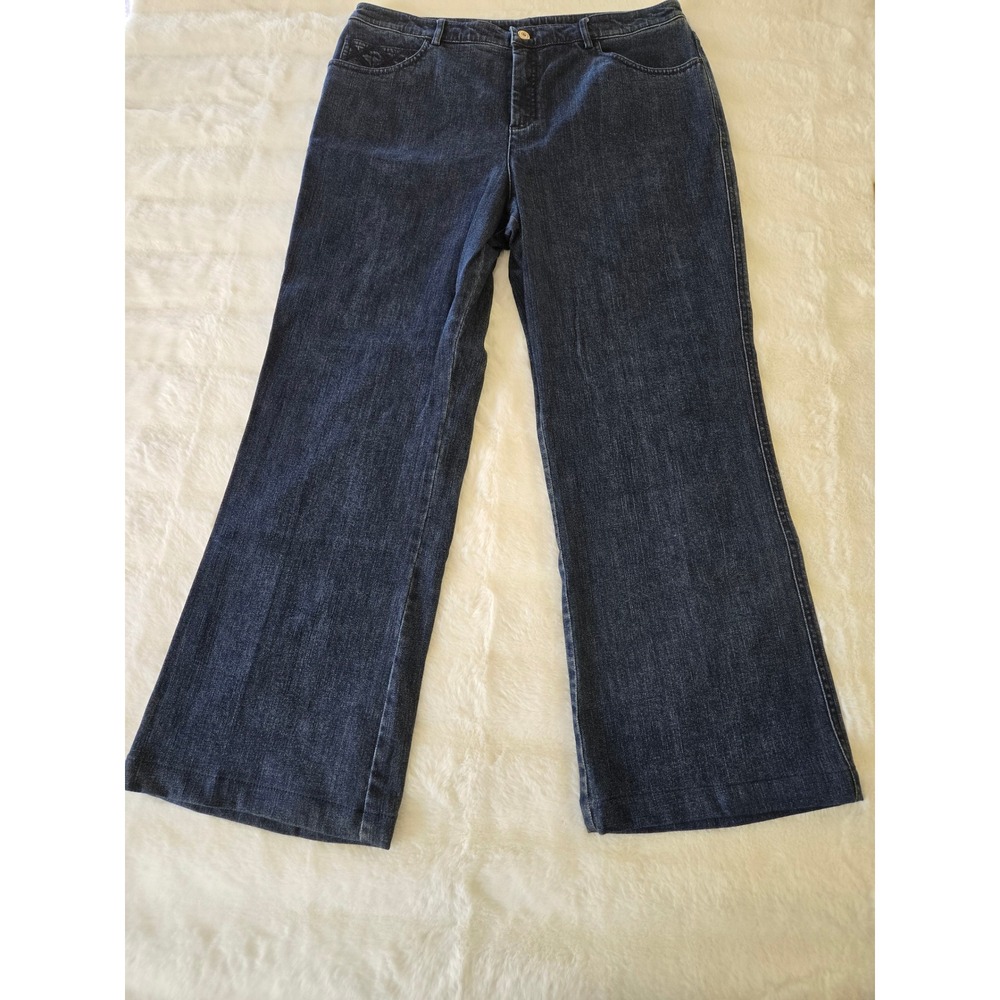 St John Evening Womens Size 14 Dark Wash Wide‎ Leg Embroidered Pocket Jeans Blue